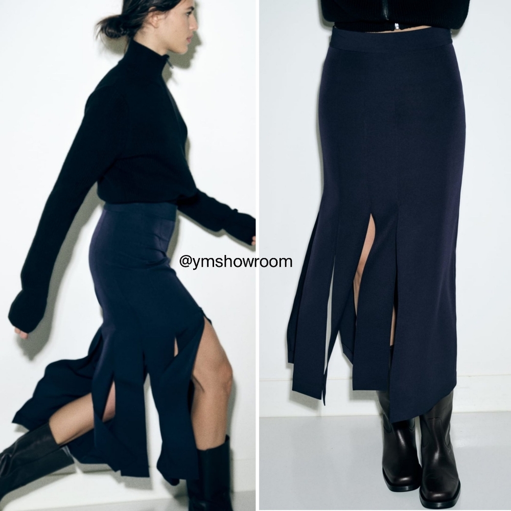 Zara Navy Slit Midi Skirt
